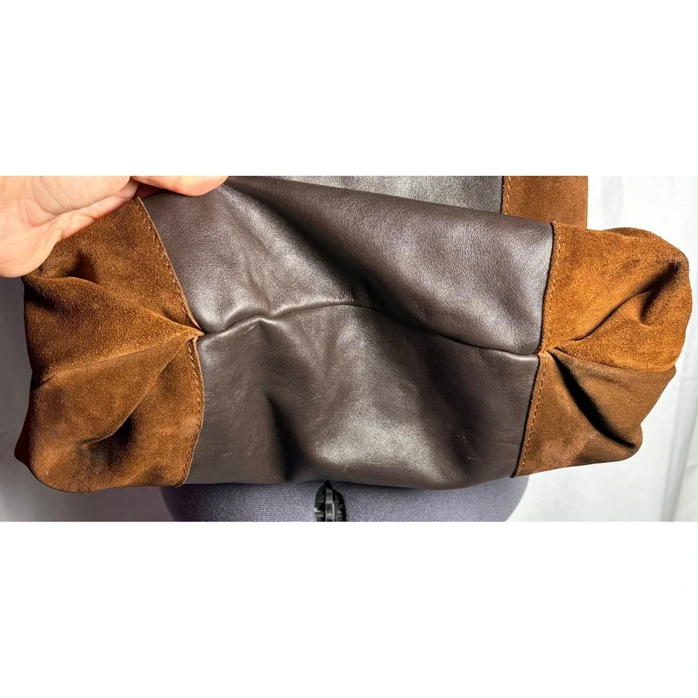 Brown Suede & Leather Tote Shoulder Bag Slouchy‎ Boho Two-Tone Snap STAINED